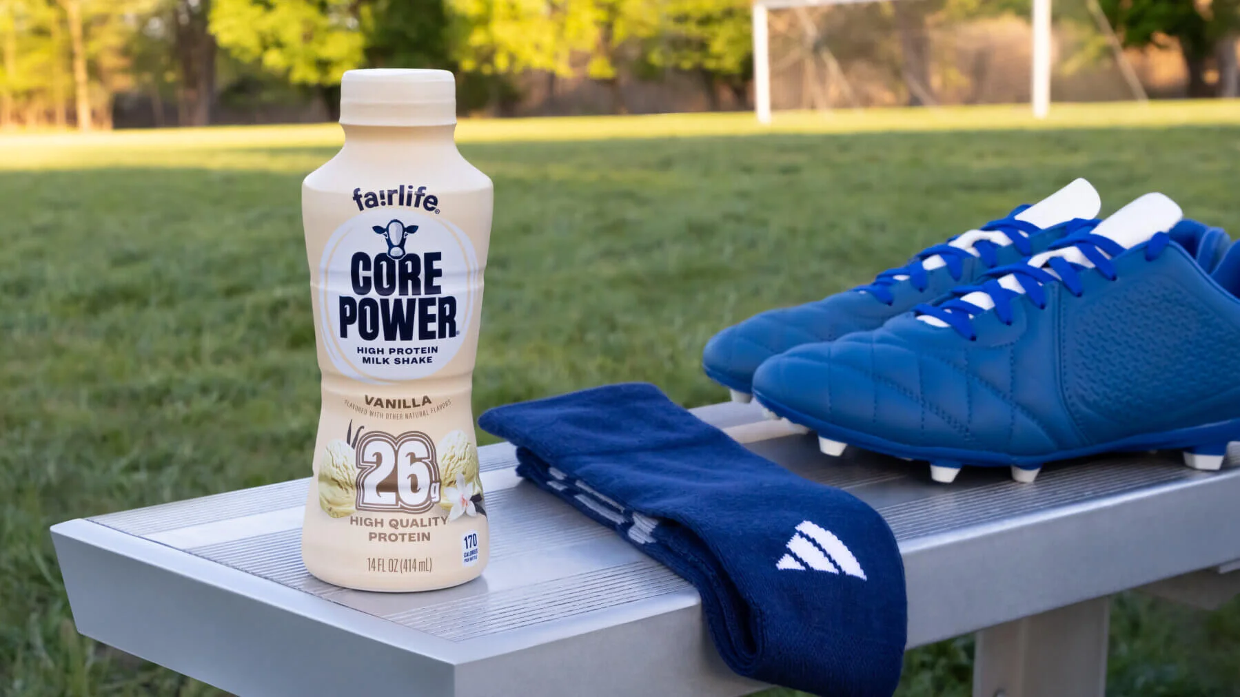 fairlife core power vanilla pictured at a soccer field